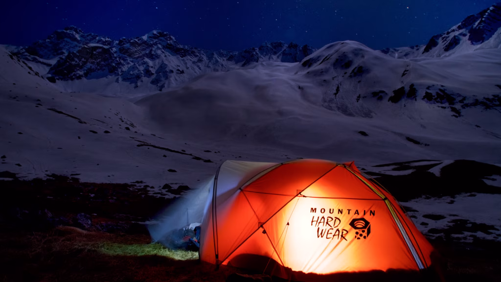Winter backcountry camp in remote mountain terrain