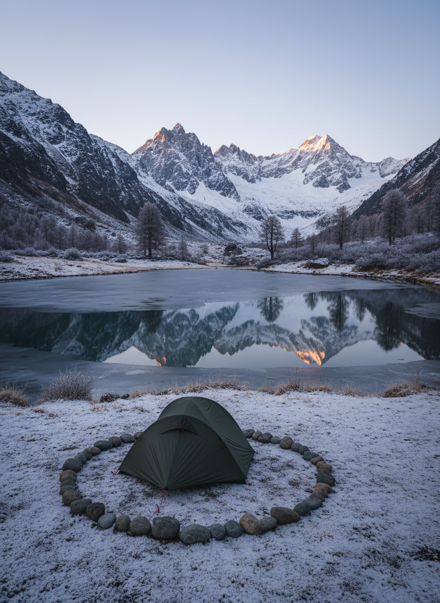 A meditative alpine campsite beside a partially frozen mountain lake in Georgia, the water an inky mirror reflecting jagged snowy peaks and a pale dawn sky. A single, small, dark-colored tent sits on a flat patch of snow-dusted ground, its fabric gently pressed by an invisible breeze. Around it, carefully placed stones form a simple circle, suggesting mindful presence without showing people. Soft, diffused pre-sunrise light bathes the scene in cool blues and muted purples, with subtle warm tones emerging on the highest summits. Photographic realism from an eye-level perspective, using the rule of thirds to balance tent, lake, and peaks. The atmosphere is calm, introspective, and quietly resilient, evoking solitude, retreat, and inner stillness in wild mountains.