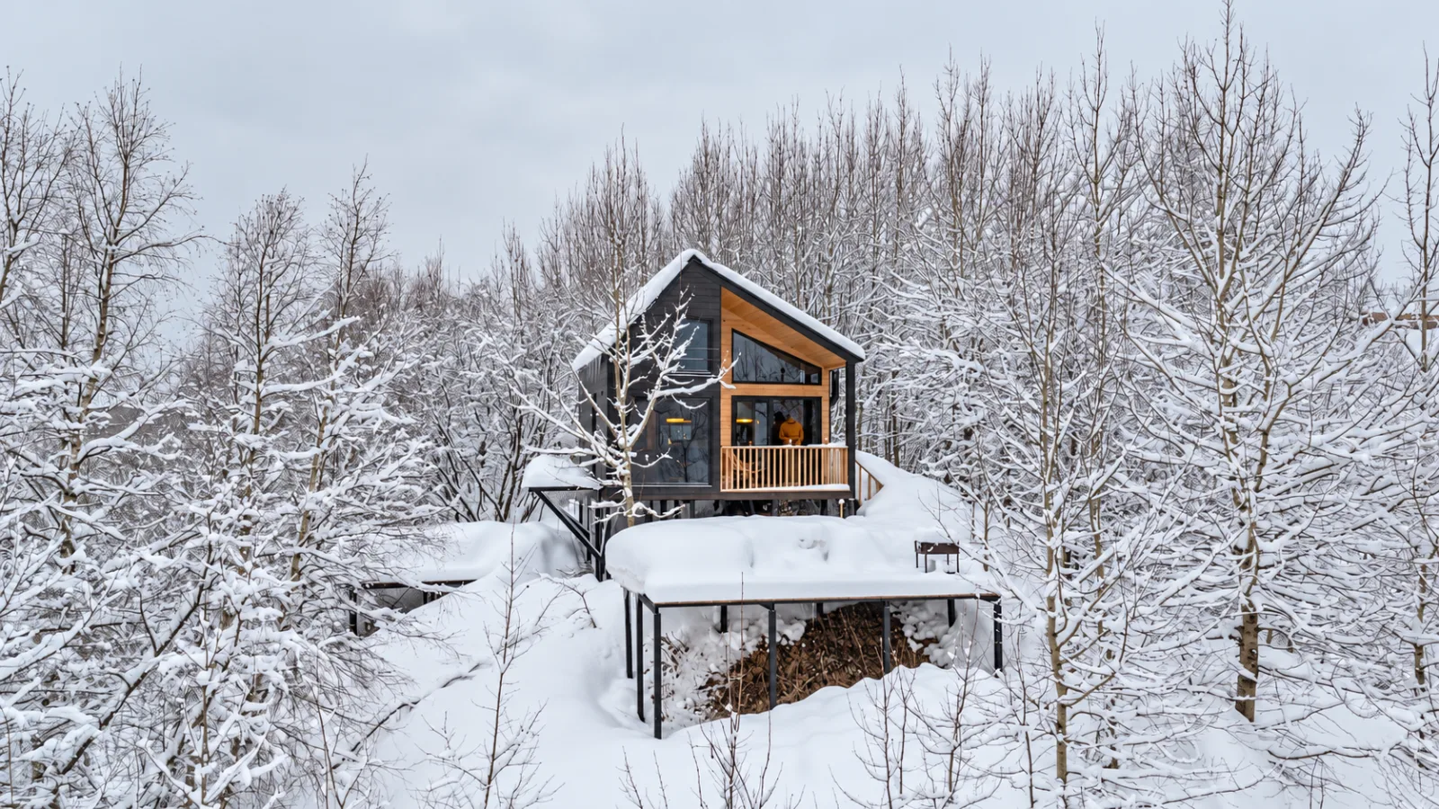 A cabin with warmly lit windows surrounded by snow-covered forest near Gudauri.